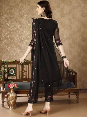 floral embroidered notch neck sequinned kurta with trousers and dupatta 4