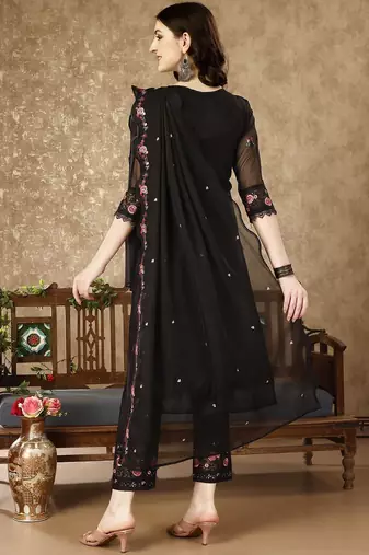 floral embroidered notch neck sequinned kurta with trousers and dupatta