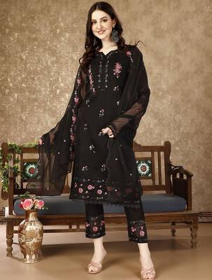 floral embroidered notch neck sequinned kurta with trousers and dupatta 5
