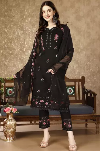 floral embroidered notch neck sequinned kurta with trousers and dupatta