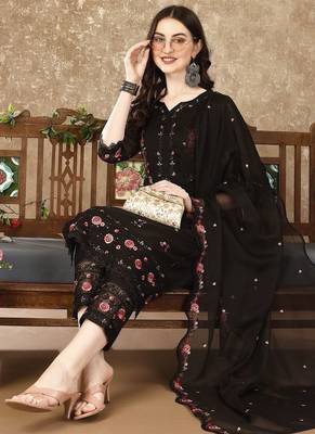 floral embroidered notch neck sequinned kurta with trousers and dupatta 6