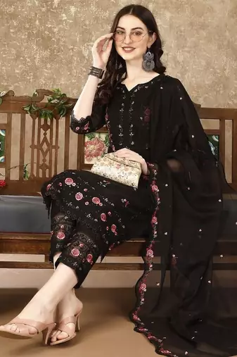floral embroidered notch neck sequinned kurta with trousers and dupatta