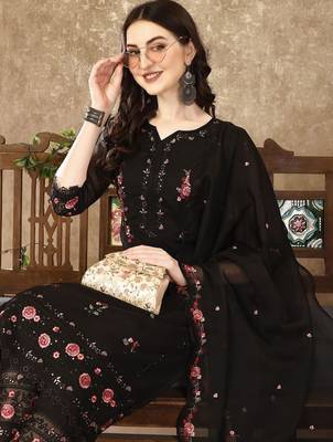 floral embroidered notch neck sequinned kurta with trousers and dupatta 7