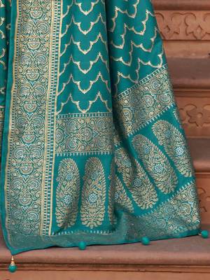 Teal woven design zari silk blend banarasi saree 4