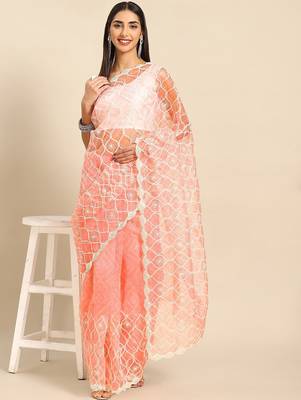 Peach bandhani organza saree 2