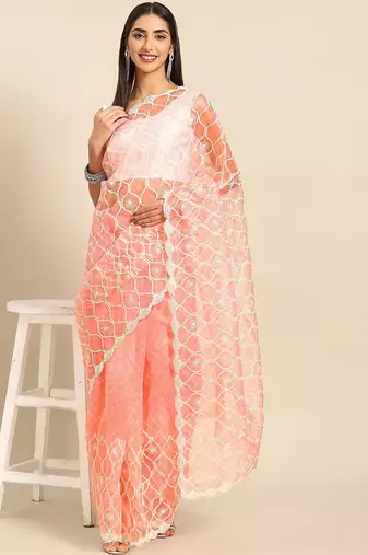 Peach bandhani organza saree