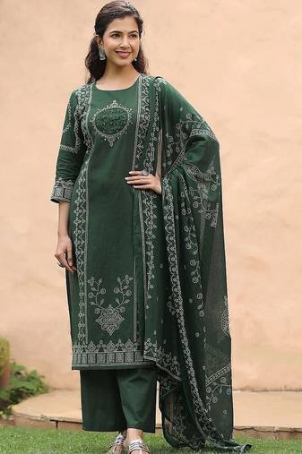 women ethnic motifs printed regular  cotton kurta with palazzos & with dupatta