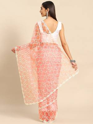 Peach bandhani organza saree 3