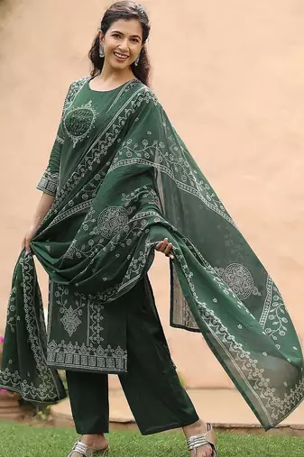 women ethnic motifs printed regular  cotton kurta with palazzos & with dupatta