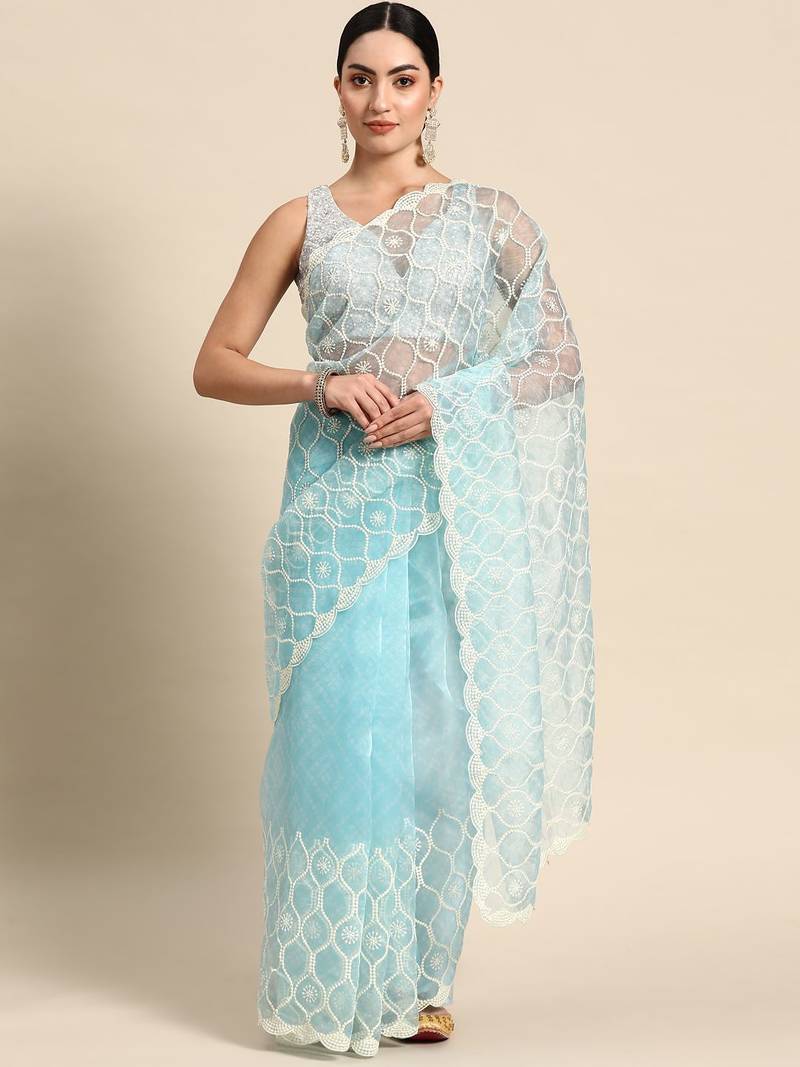 Turquoise organza bandhani saree