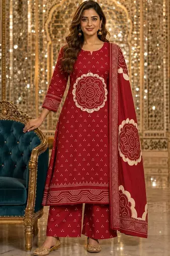 women ethnic motifs printed regular  cotton kurta with palazzos & with dupatta
