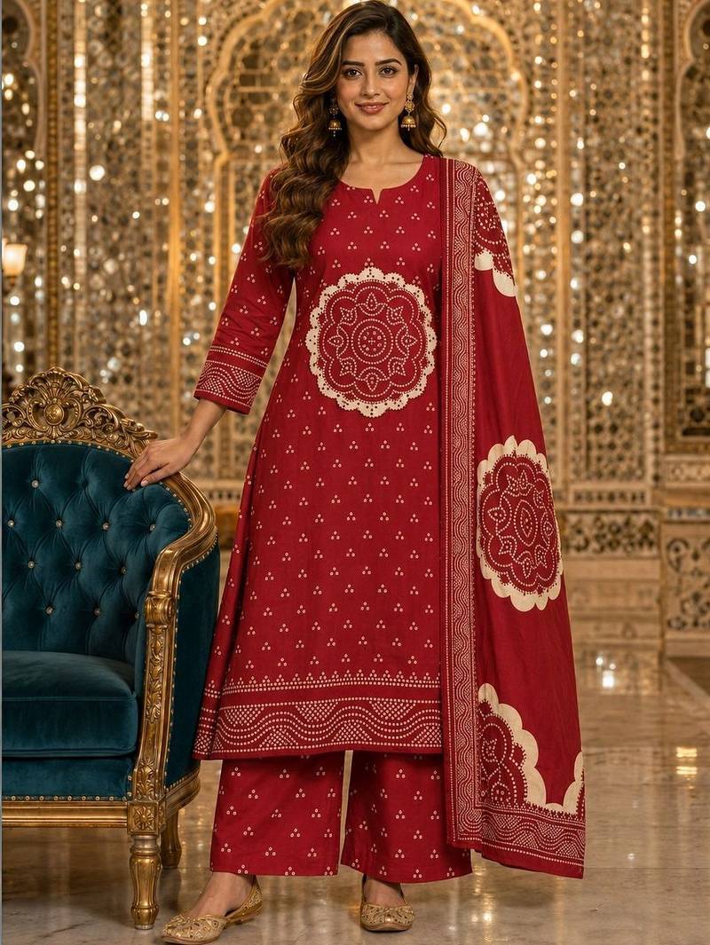 women ethnic motifs printed regular  cotton kurta with palazzos & with dupatta