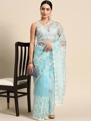 Turquoise organza bandhani saree 3