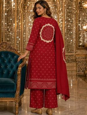 women ethnic motifs printed regular  cotton kurta with palazzos & with dupatta 3