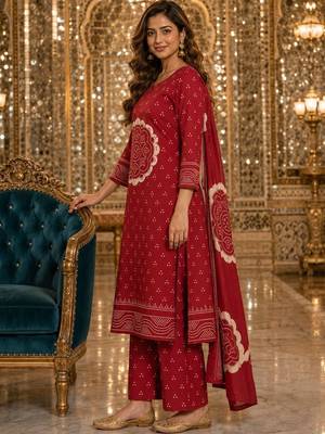 women ethnic motifs printed regular  cotton kurta with palazzos & with dupatta 4