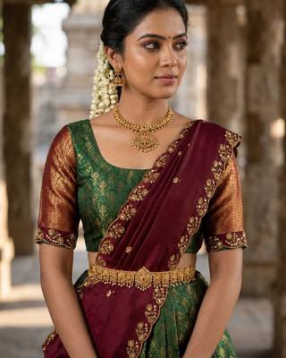 South Indian Style Semi-Stitched Half Saree with Blouse and Dupatta 4