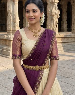 South Indian Style Semi-Stitched Half Saree with Blouse and Dupatta 4