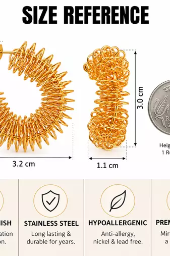 Anti-tarnish stud back closure, spiky wire design, statement hoops, women's jewellery.