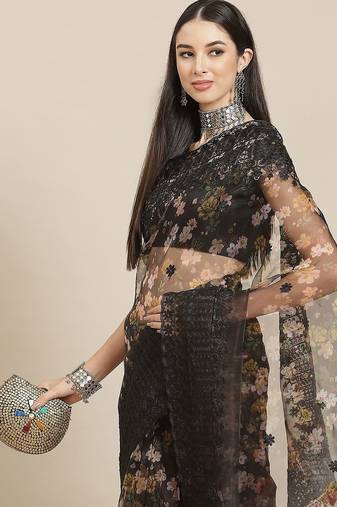 Black black floral organza saree