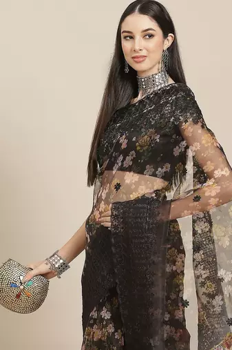 Black black floral organza saree