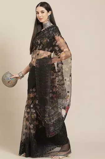 Black black floral organza saree