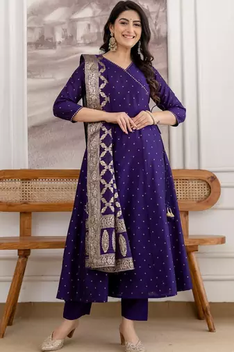 women ethnic motifs printed angrakha kurta with trousers & with dupatta