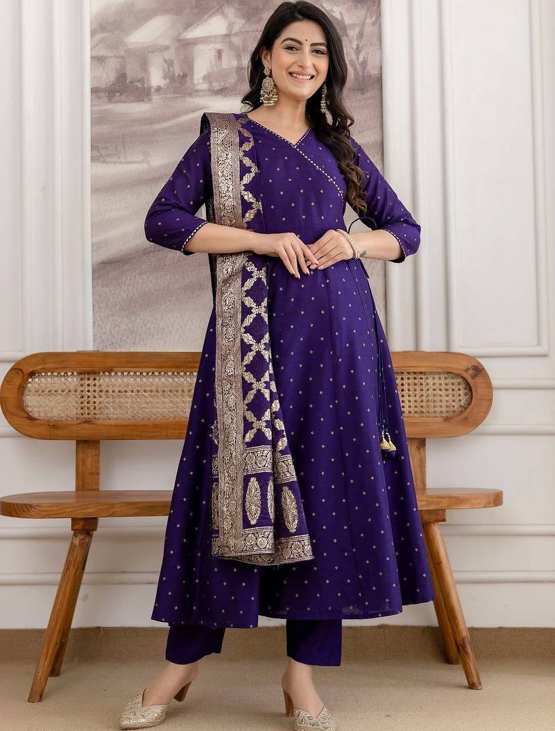 women ethnic motifs printed angrakha kurta with trousers & with dupatta