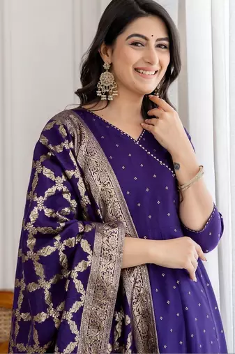 women ethnic motifs printed angrakha kurta with trousers & with dupatta