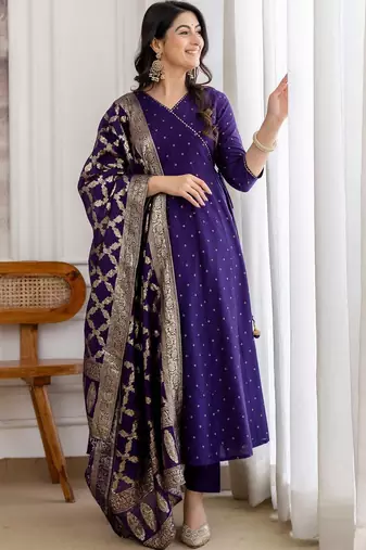 women ethnic motifs printed angrakha kurta with trousers & with dupatta