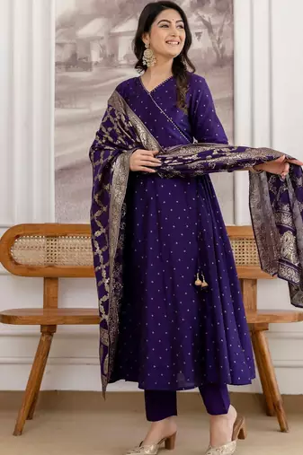 women ethnic motifs printed angrakha kurta with trousers & with dupatta