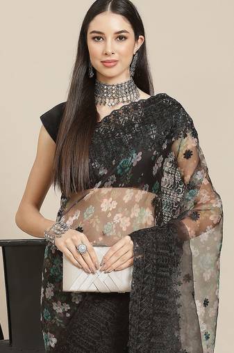 Black black floral organza saree