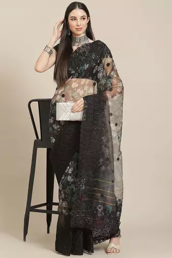 Black black floral organza saree