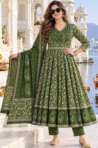 women ethnic motifs printed empire  cotton kurta with trousers & with dupatta