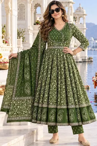 women ethnic motifs printed empire  cotton kurta with trousers & with dupatta