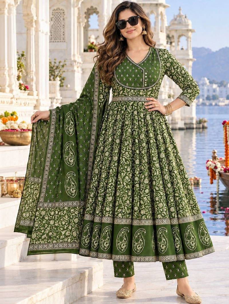women ethnic motifs printed empire  cotton kurta with trousers & with dupatta