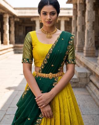 South Indian Style Semi-Stitched Half Saree with Blouse and Dupatta 4