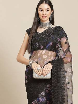 Black black floral organza saree 1