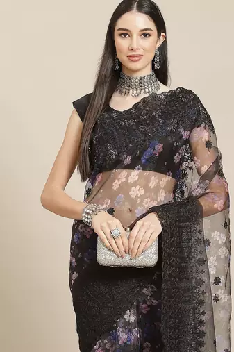 Black black floral organza saree