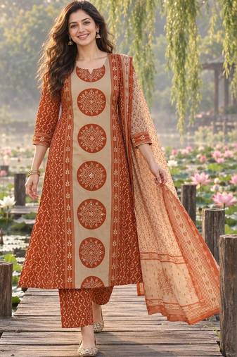 women ethnic printed regular mirror work cotton kurta with trousers & dupatta