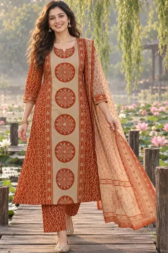 women ethnic printed regular mirror work cotton kurta with trousers & dupatta