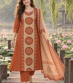women ethnic printed regular mirror work cotton kurta with trousers & dupatta