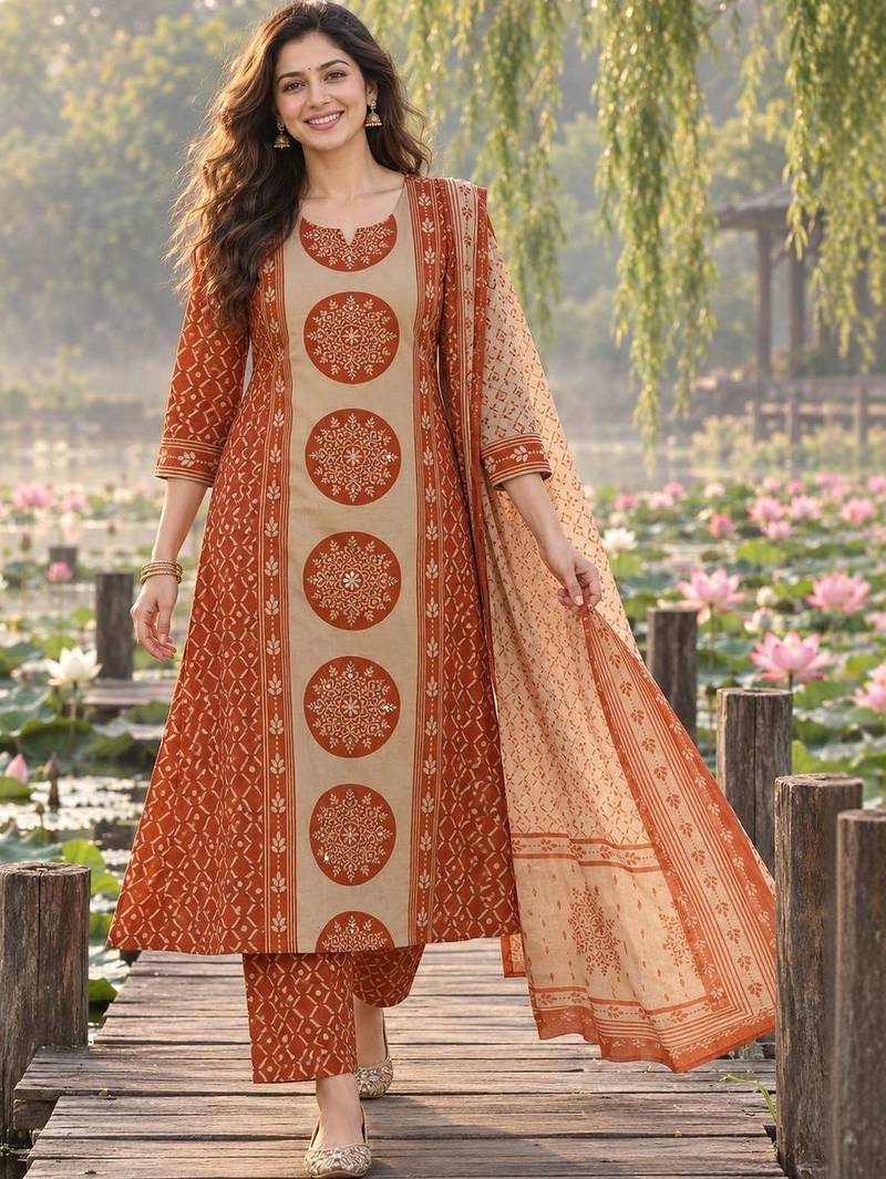 women ethnic printed regular mirror work cotton kurta with trousers & dupatta
