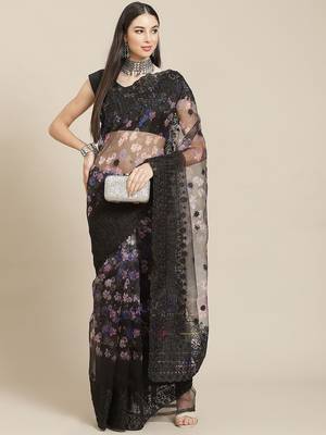 Black black floral organza saree 2