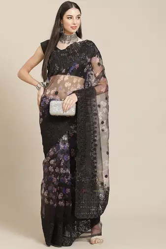 Black black floral organza saree