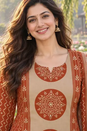 women ethnic printed regular mirror work cotton kurta with trousers & dupatta