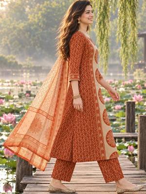 women ethnic printed regular mirror work cotton kurta with trousers & dupatta 3