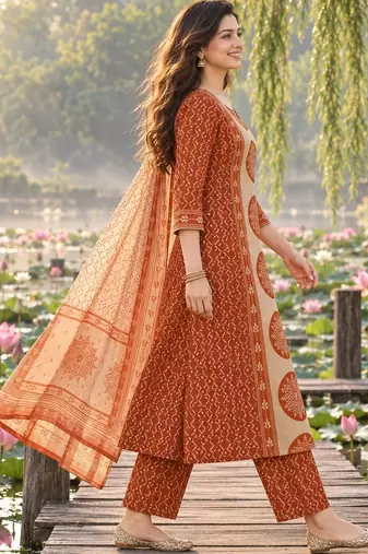 women ethnic printed regular mirror work cotton kurta with trousers & dupatta