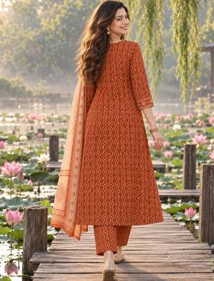 women ethnic printed regular mirror work cotton kurta with trousers & dupatta 4