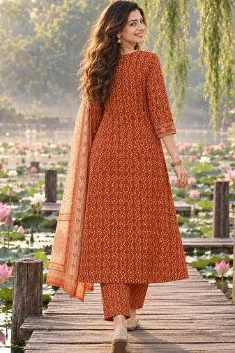 women ethnic printed regular mirror work cotton kurta with trousers & dupatta