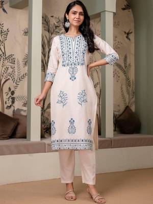 women ethnic motifs embroidered regular thread work  cotton kurta with trousers 1